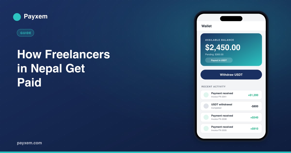 Payxem wallet on a phone showing available balance and a USDT payout, for freelancers in Nepal